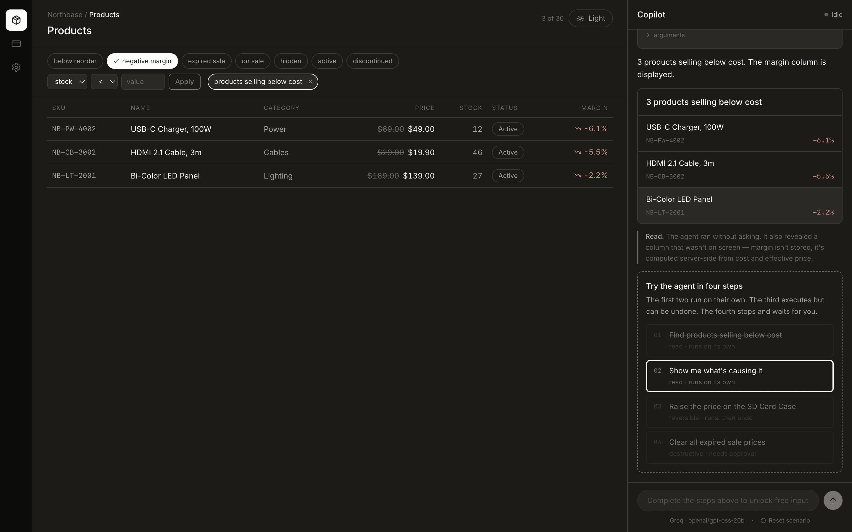 The catalog table after a read the agent ran on its own, with a Margin column revealed beside the price and stock columns