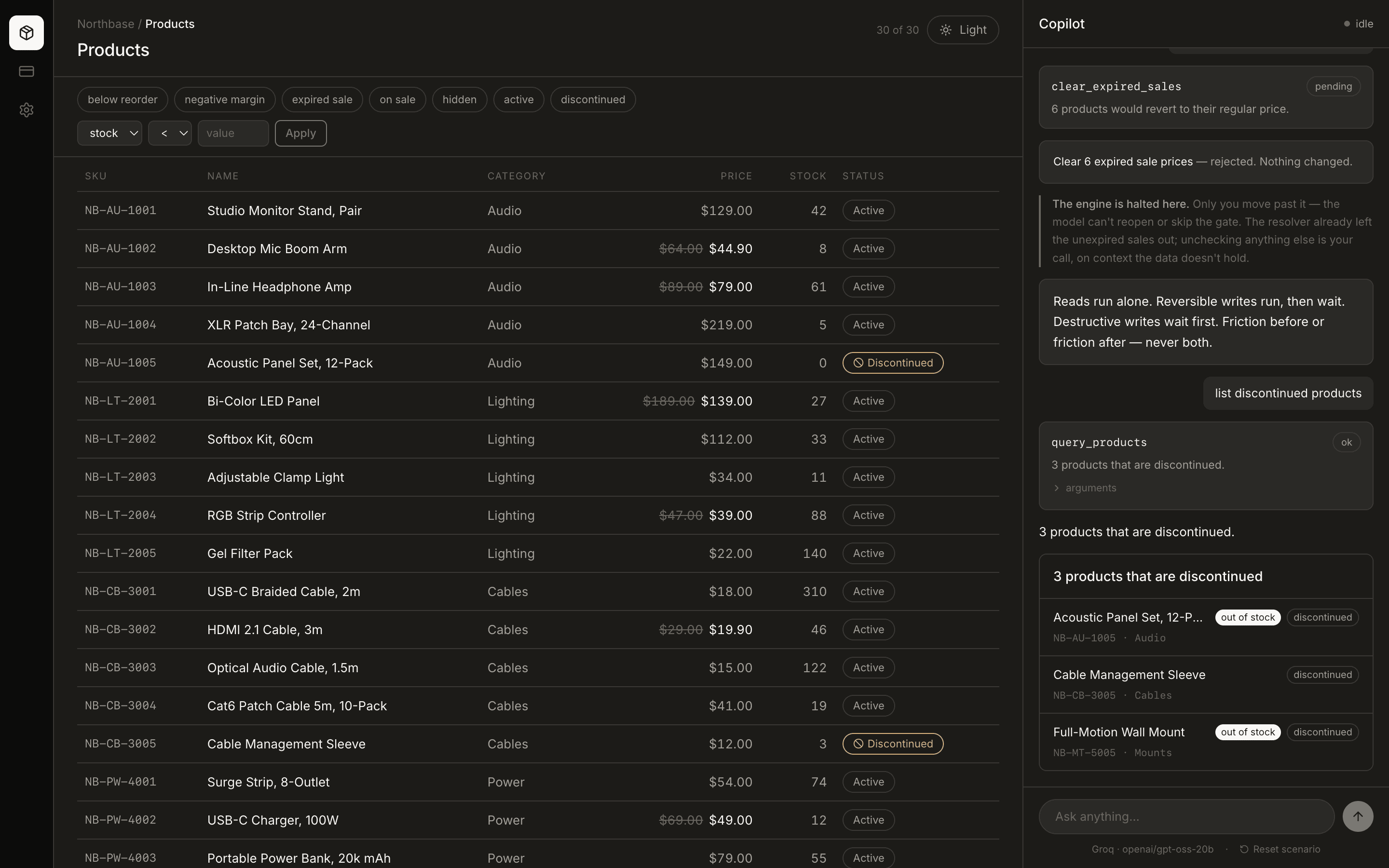 The same discontinued-products query, resolved: the copilot returns a card listing three discontinued products instead of proposing a destructive write