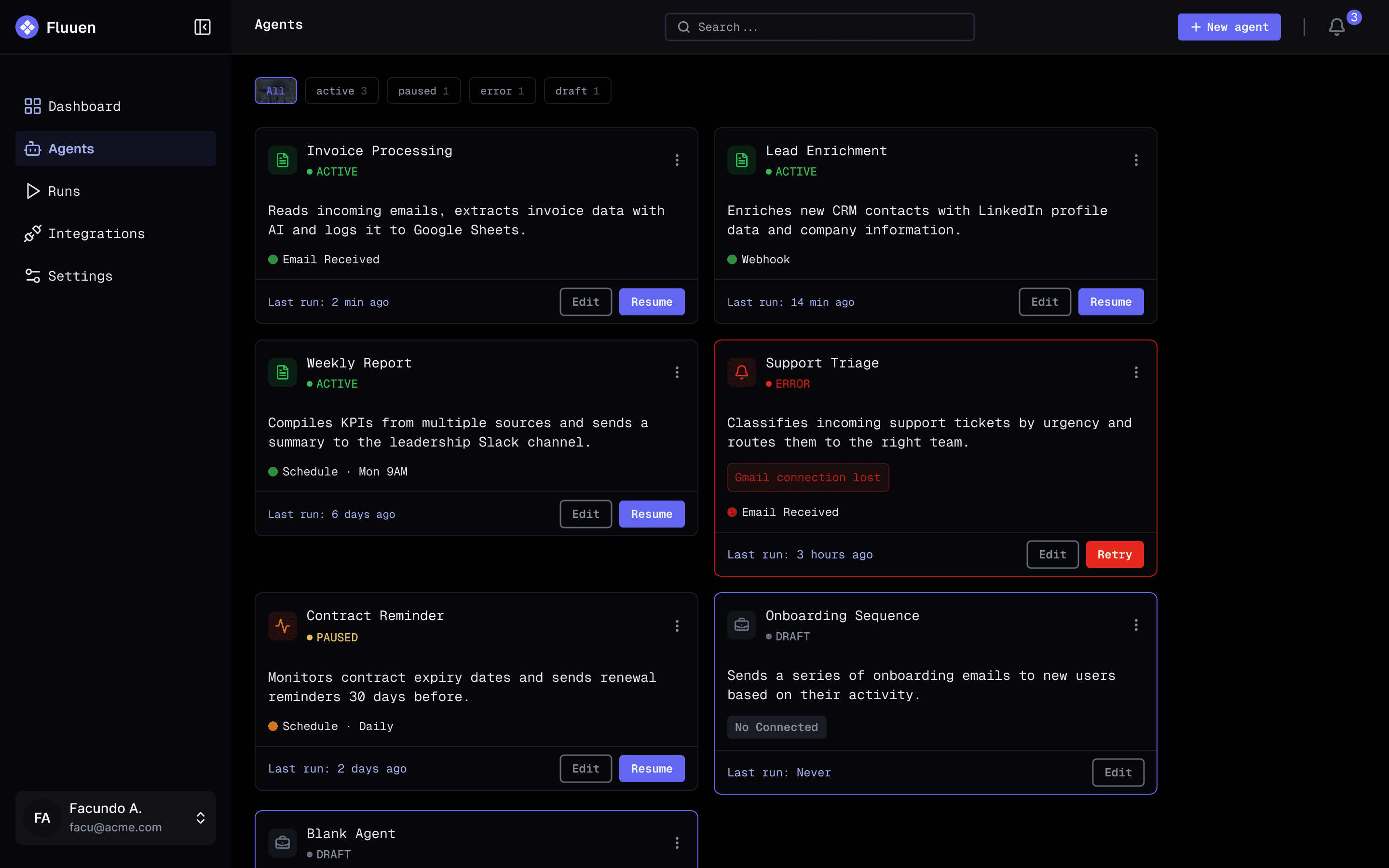 The Fluuen agents grid: agent cards showing active, paused and error states side by side