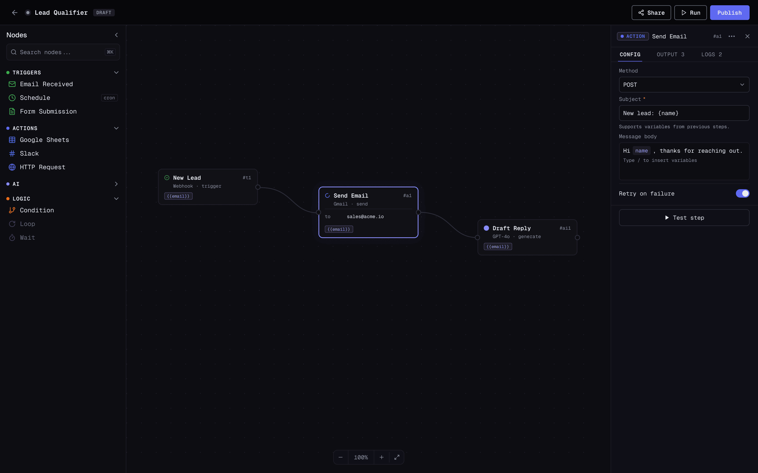 The Fluuen Agent Builder: a node canvas with a trigger, two action nodes and an AI node wired together, the node catalog on the left and the inspector open on the right