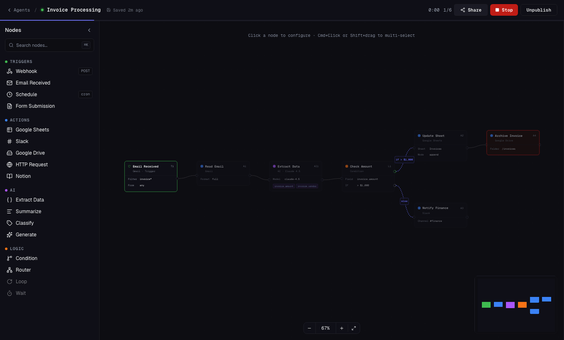 A recording of the Fluuen agent builder running a workflow: an Invoice Processing agent advances step by step from its Email Received trigger through Read Email, Extract Data and a Check Amount condition, each node highlighting as it executes and the extracted values filling in